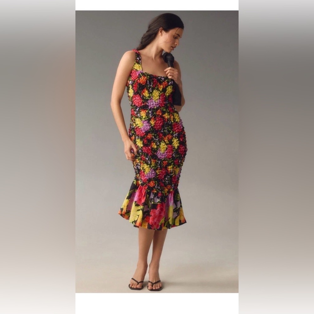 NWT Anthropologie x Yukiko Noritake Square Neck Pebble Smocked MIDI Dress S/M